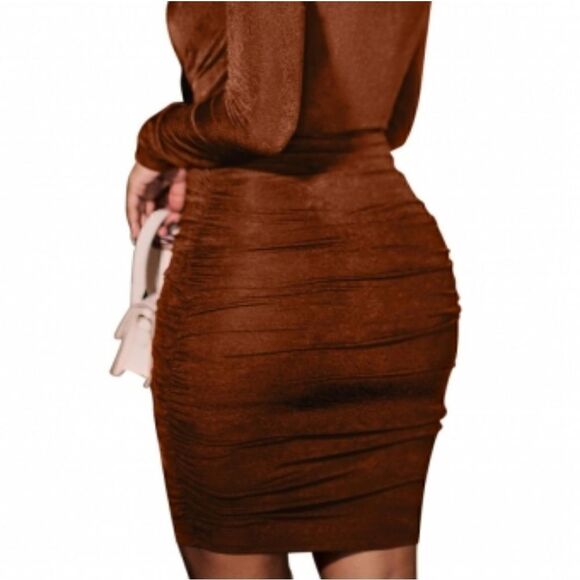 Coffee Long Sleeve Halter V-Neck Silk Bodycon Mini Dress sz Medium - Picture 4 of 14